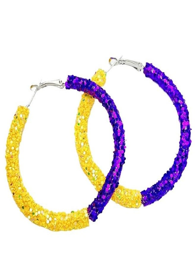 Shiny Football Baseball Hoop Earrings for Women Colorful Football Rubby Circle Earrings Red Orange Black Sports Fans Gifts Touch Down Jewelry-Purple Gold
